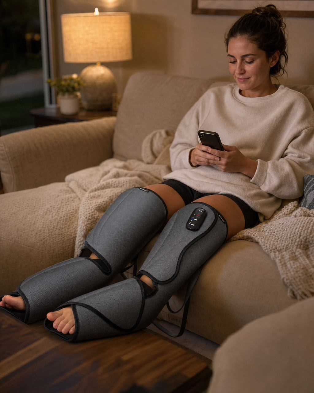 Person relaxing on couch wearing leg compression massager