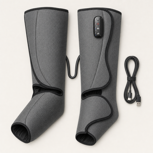 Leg compression massager flat lay with USB-C charging cable